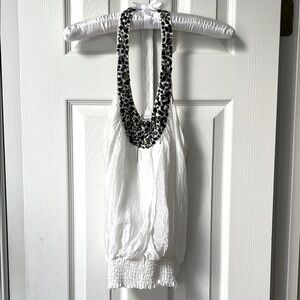 BEBE White Sheer Top with Stunning Detailed Embellished Neckline, Stretch Waist